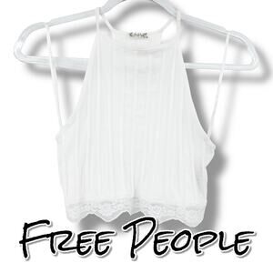 Free People All Your Love White Lace Trim Ribbed Crop Tank Top Womens Size Small